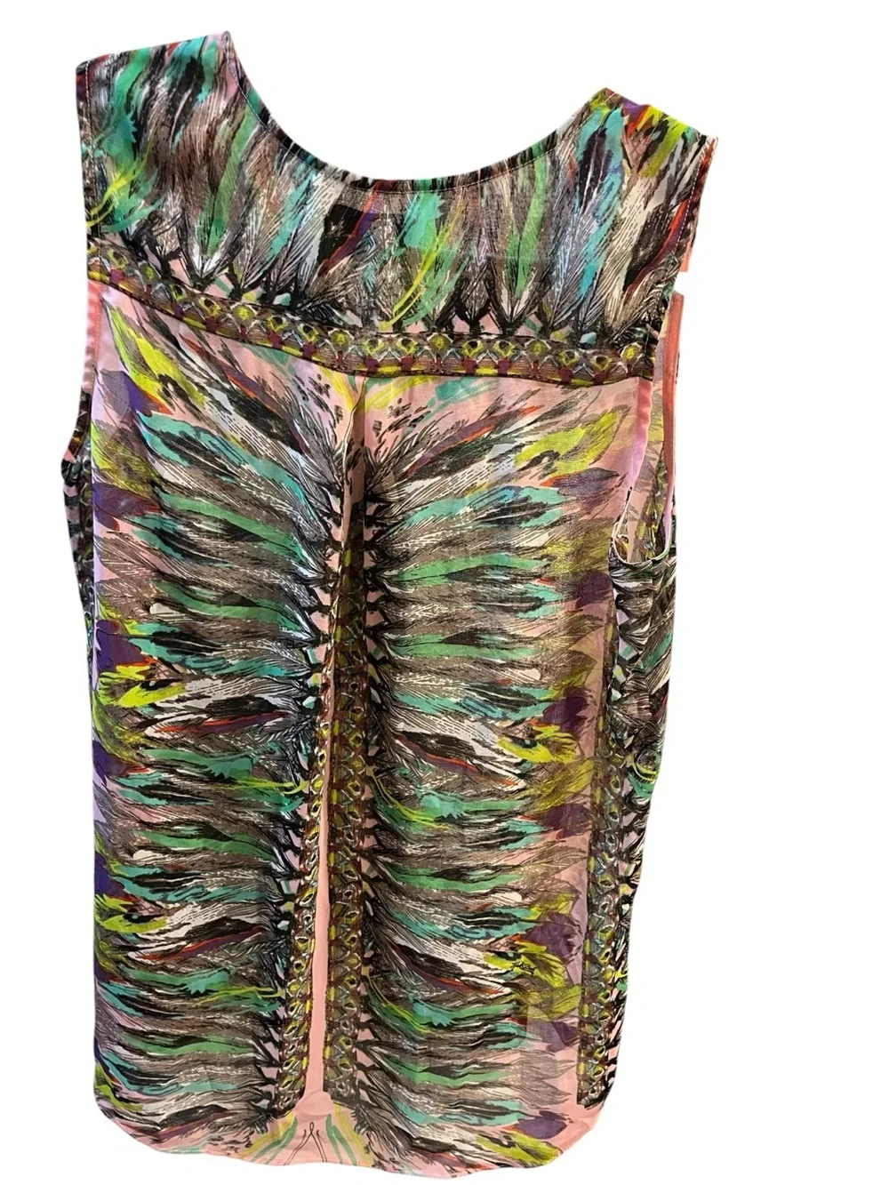 Hale Bob Pink Sleeveless Feather-Print Camisole with Green Accents